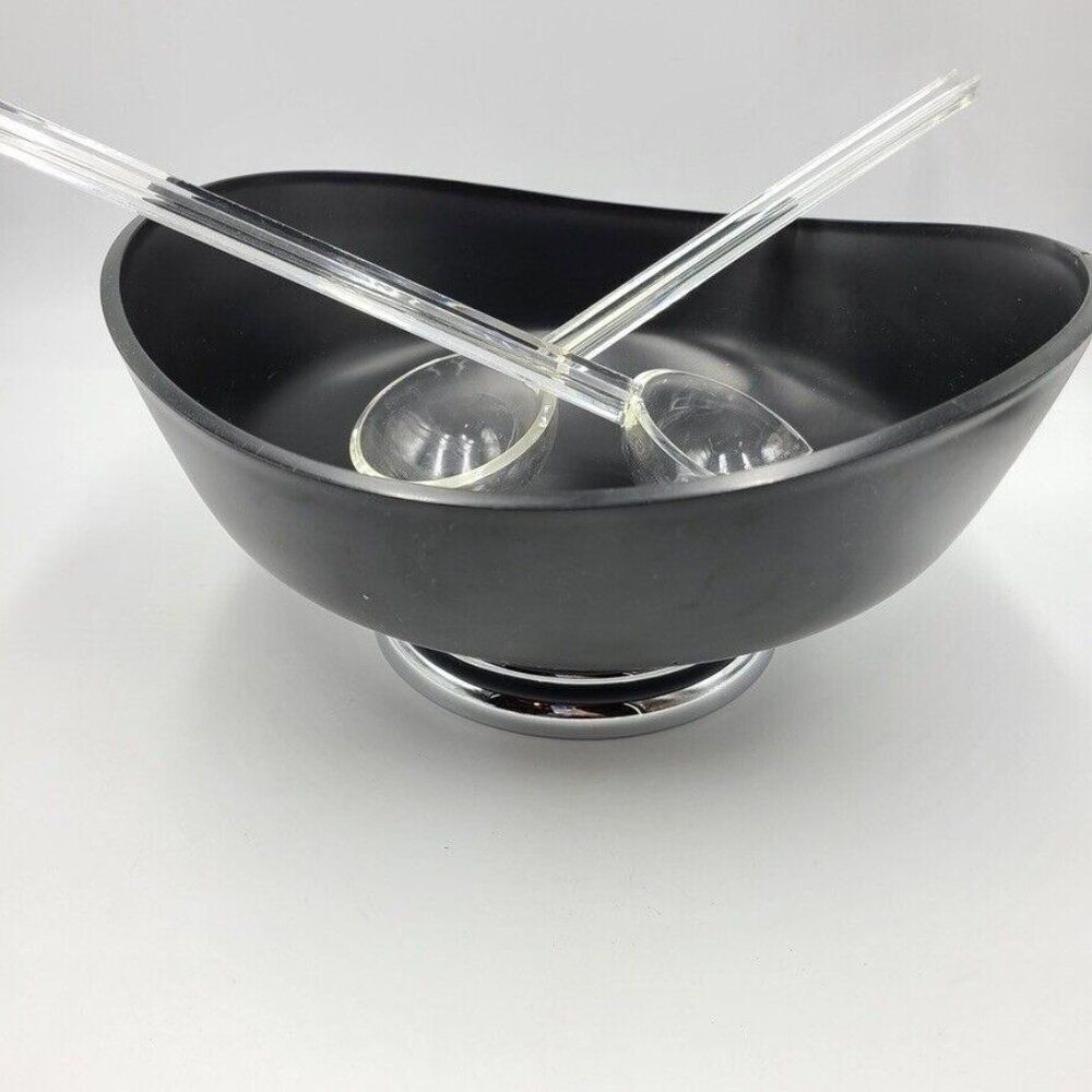 Vtg MCM Lacquerware Black Salad Bowl Plastic Silver Pedestal Base Spoon Fork